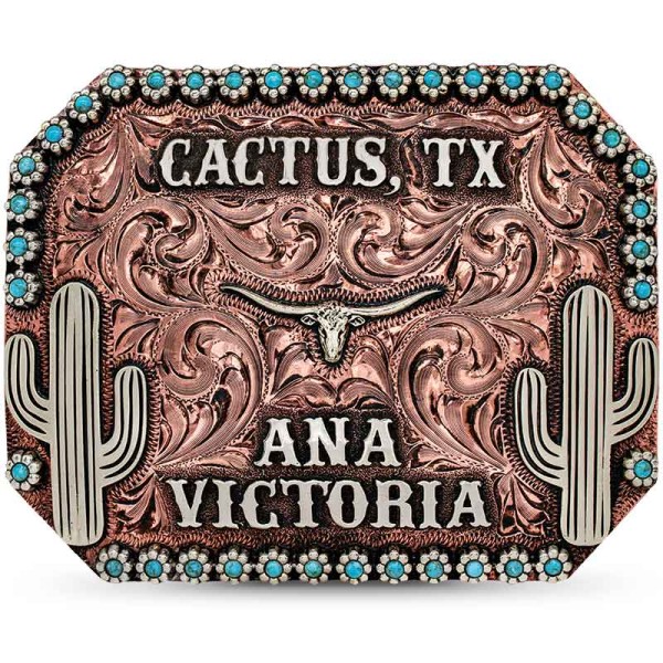 CACTUS, Abraza el espíritu del viejo oeste con la hebilla personalizada "Cactus". Construida sobre una base de cobre grabada a mano y detallada co